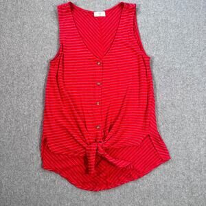T.la Tie Front Tank Top Women's Medium Red Striped Sleeveless Made in USA Button